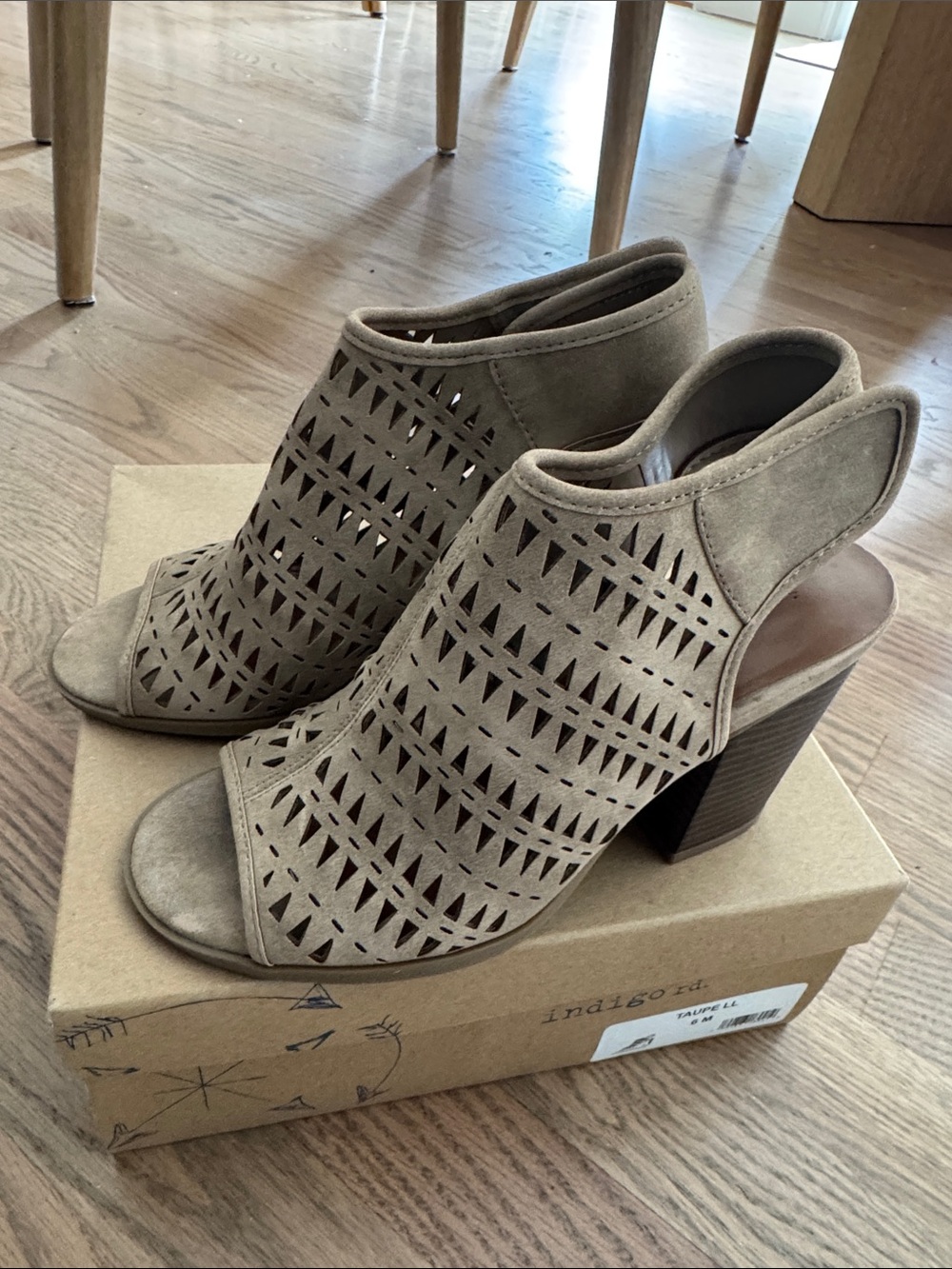 Indigo Taupe Laser-Cut Suede Peep-Toe Block Heel Sandals